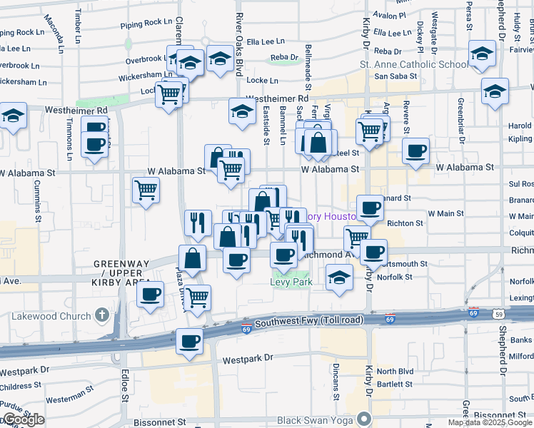 map of restaurants, bars, coffee shops, grocery stores, and more near 3270 West Main Street in Houston
