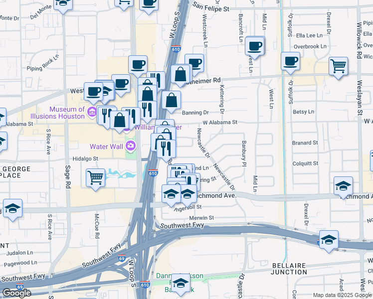 map of restaurants, bars, coffee shops, grocery stores, and more near 4733 Aftonshire Drive in Houston