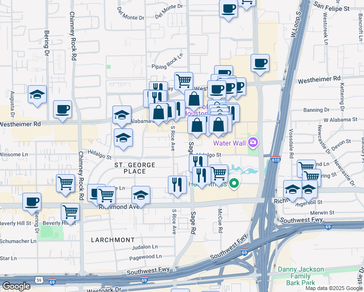 map of restaurants, bars, coffee shops, grocery stores, and more near 3000 Sage Road in Houston