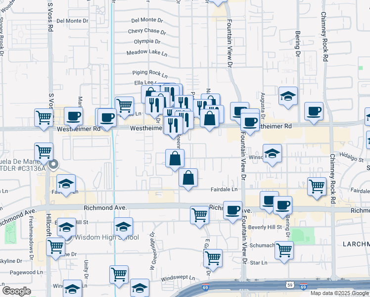 map of restaurants, bars, coffee shops, grocery stores, and more near 2806 Greenridge Drive in Houston