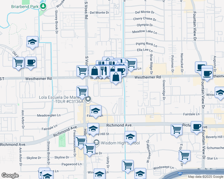 map of restaurants, bars, coffee shops, grocery stores, and more near 6425 Westheimer Road in Houston