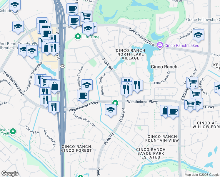 map of restaurants, bars, coffee shops, grocery stores, and more near 3407 Baden Oaks Court in Katy