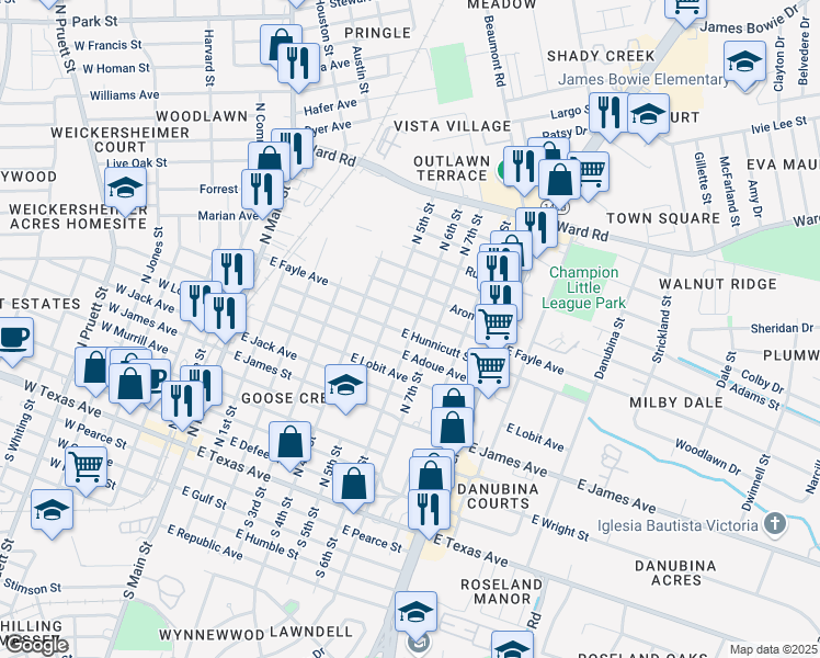 map of restaurants, bars, coffee shops, grocery stores, and more near 514 East Hunnicutt Street in Baytown