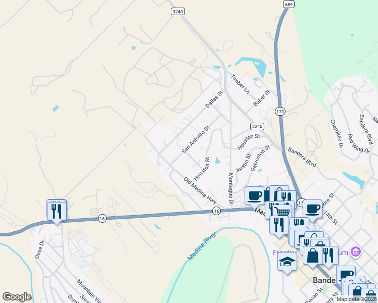 map of restaurants, bars, coffee shops, grocery stores, and more near 222 San Antonio Street in Bandera