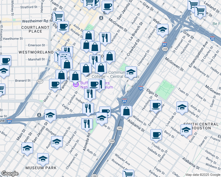map of restaurants, bars, coffee shops, grocery stores, and more near 3507 Jackson Street in Houston