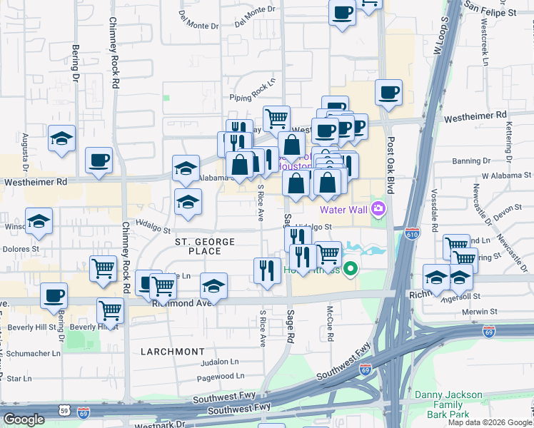map of restaurants, bars, coffee shops, grocery stores, and more near 3000 Sage Road in Houston