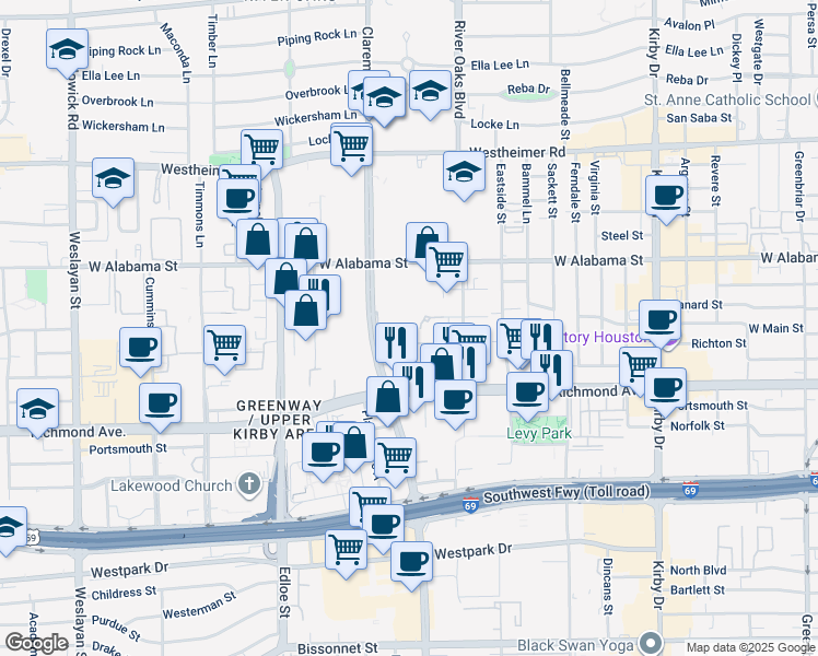 map of restaurants, bars, coffee shops, grocery stores, and more near 3121 Buffalo Speedway in Houston