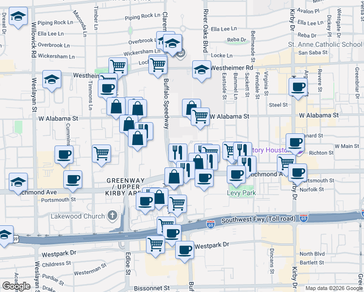 map of restaurants, bars, coffee shops, grocery stores, and more near 3121 Buffalo Speedway in Houston