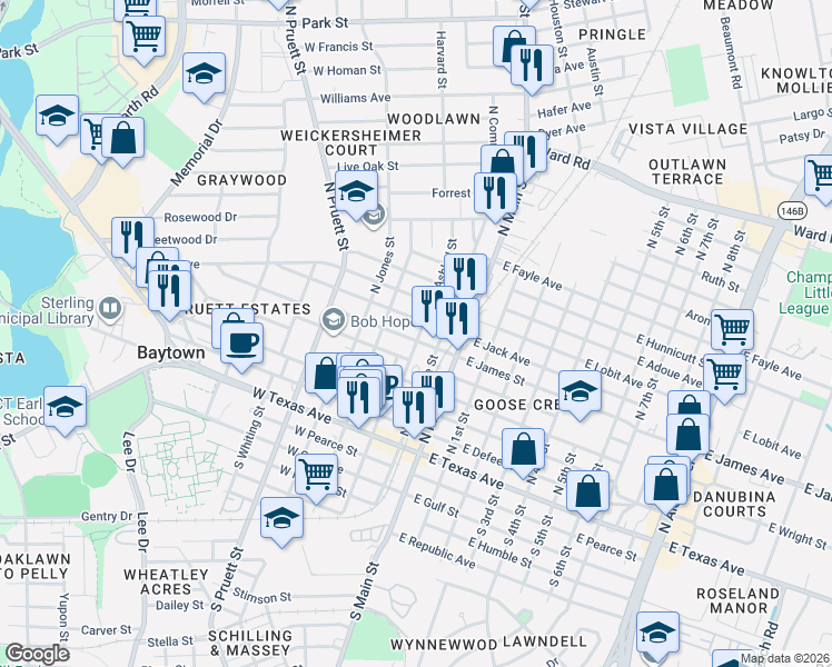 map of restaurants, bars, coffee shops, grocery stores, and more near 200 West James Avenue in Baytown