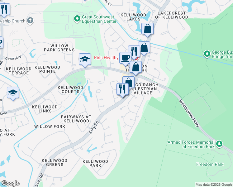 map of restaurants, bars, coffee shops, grocery stores, and more near 3306 South Fry Road in Katy