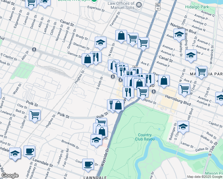 map of restaurants, bars, coffee shops, grocery stores, and more near 6704 Capitol Street in Houston