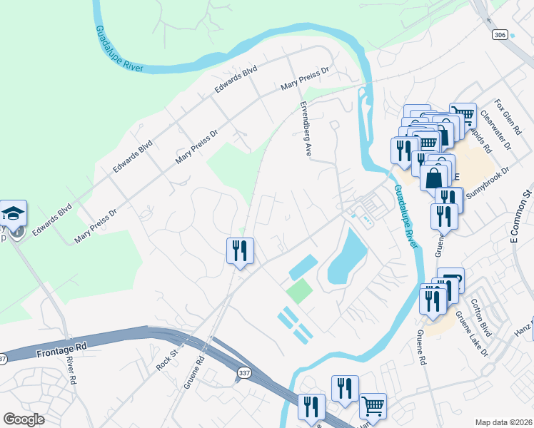map of restaurants, bars, coffee shops, grocery stores, and more near 1656 Gruene Road in New Braunfels