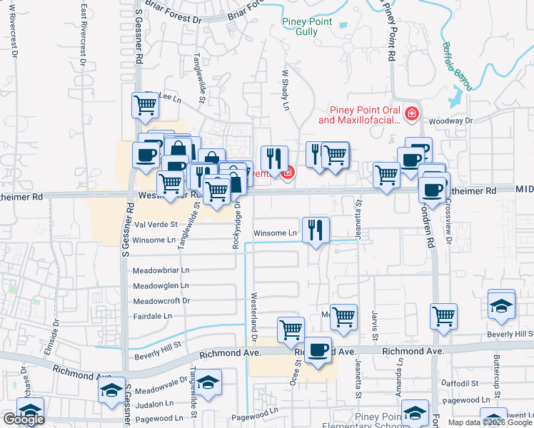 map of restaurants, bars, coffee shops, grocery stores, and more near 9410 Val Verde Street in Houston