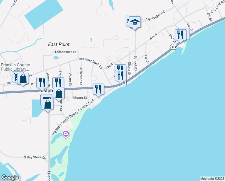 map of restaurants, bars, coffee shops, grocery stores, and more near 352 Patton Drive in Eastpoint