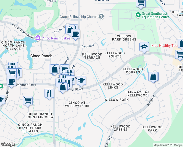 map of restaurants, bars, coffee shops, grocery stores, and more near 3335 Sage Terrace Lane in Katy