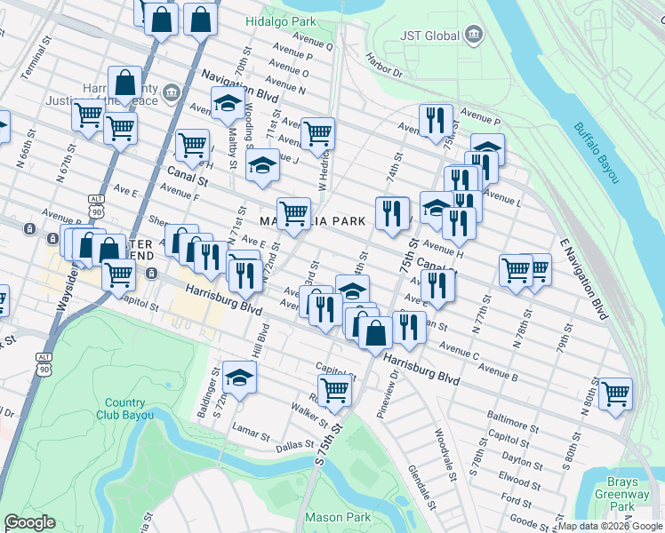 map of restaurants, bars, coffee shops, grocery stores, and more near 7332 Avenue F in Houston