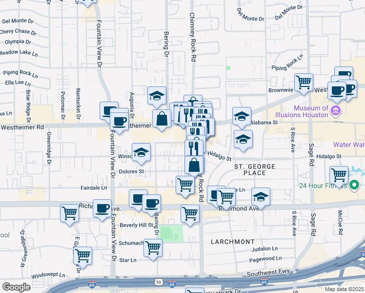 map of restaurants, bars, coffee shops, grocery stores, and more near 5616 Winsome Lane in Houston