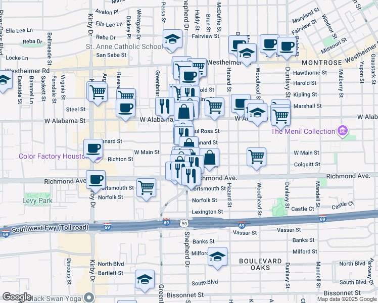 map of restaurants, bars, coffee shops, grocery stores, and more near 3311 South Shepherd Drive in Houston