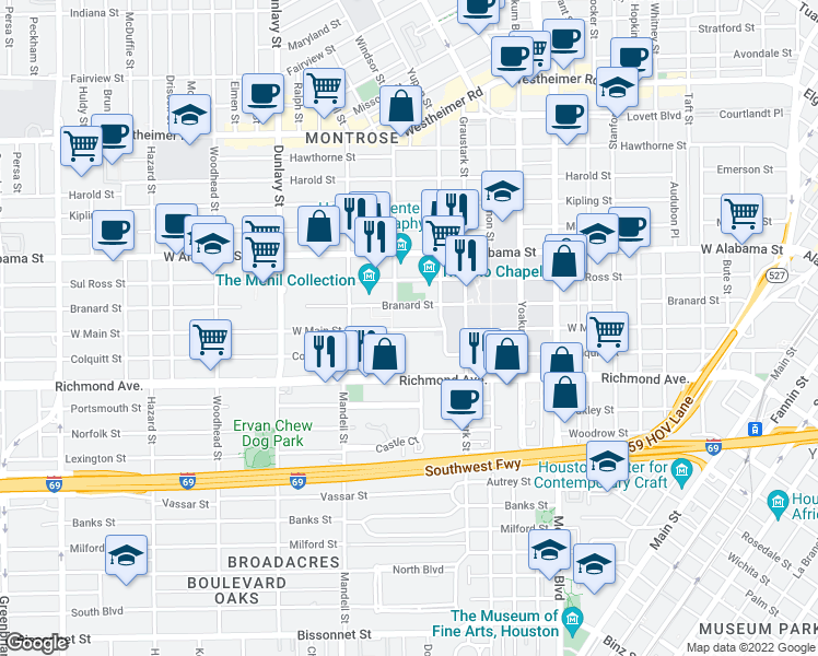 map of restaurants, bars, coffee shops, grocery stores, and more near 1412 West Main Street in Houston