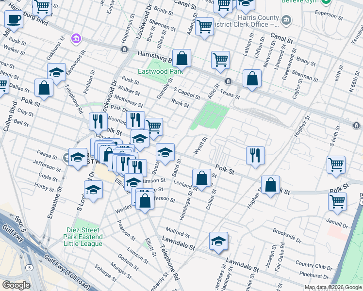 map of restaurants, bars, coffee shops, grocery stores, and more near 5037 Polk Street in Houston