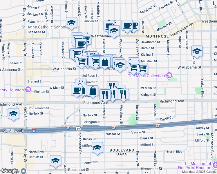 map of restaurants, bars, coffee shops, grocery stores, and more near 1836 West Main Street in Houston
