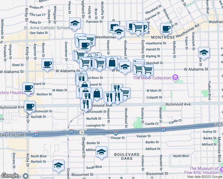 map of restaurants, bars, coffee shops, grocery stores, and more near 1836 West Main Street in Houston