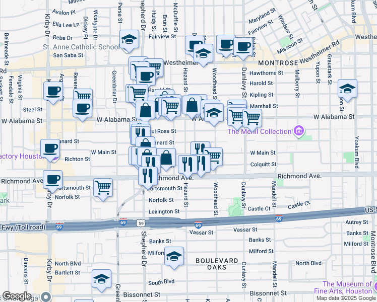 map of restaurants, bars, coffee shops, grocery stores, and more near 1912 West Main Street in Houston