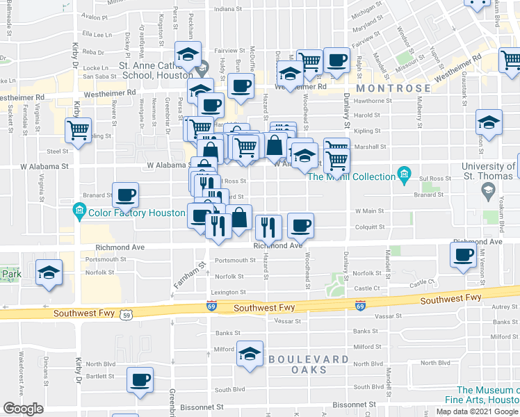 map of restaurants, bars, coffee shops, grocery stores, and more near 1912 West Main Street in Houston