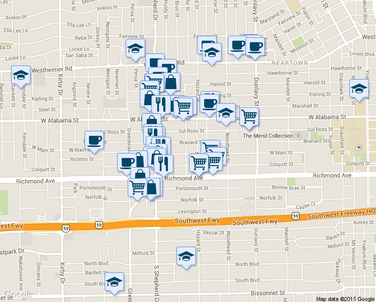 map of restaurants, bars, coffee shops, grocery stores, and more near 1912 West Main Street in Houston