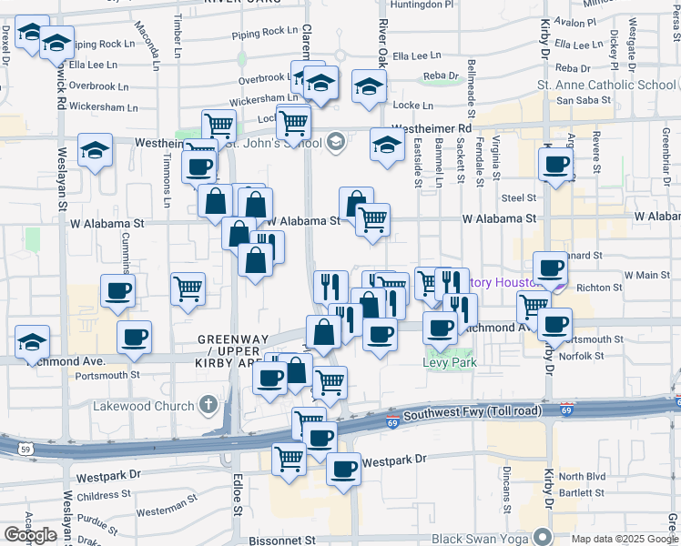 map of restaurants, bars, coffee shops, grocery stores, and more near 3121 Buffalo Speedway in Houston