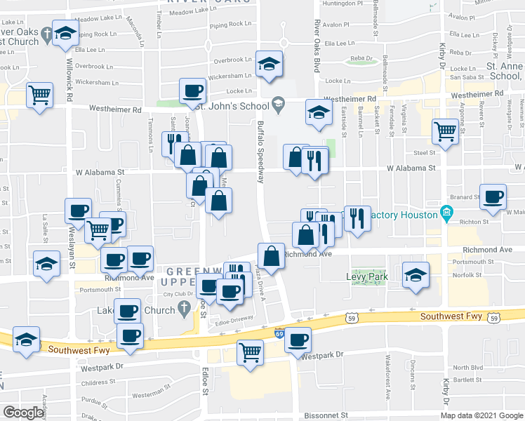 map of restaurants, bars, coffee shops, grocery stores, and more near 3120 Buffalo Speedway in Houston