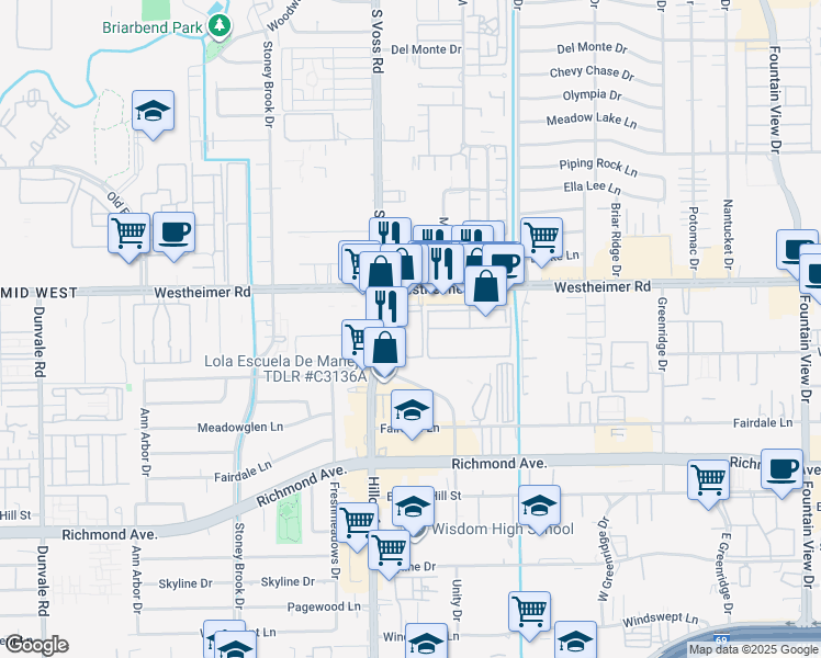 map of restaurants, bars, coffee shops, grocery stores, and more near 6505 Westheimer Road in Houston