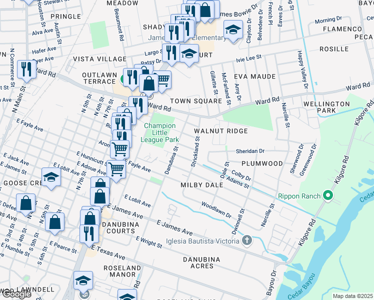 map of restaurants, bars, coffee shops, grocery stores, and more near 1309 Jefferson Street in Baytown