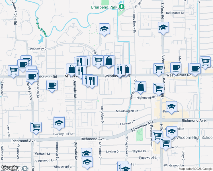 map of restaurants, bars, coffee shops, grocery stores, and more near 7979 Westheimer Road in Houston