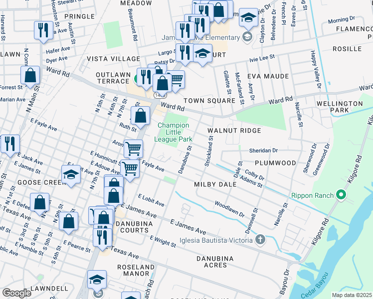 map of restaurants, bars, coffee shops, grocery stores, and more near 1205 Adams Street in Baytown