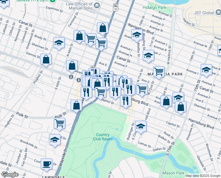 map of restaurants, bars, coffee shops, grocery stores, and more near 6949 Harrisburg Boulevard in Houston