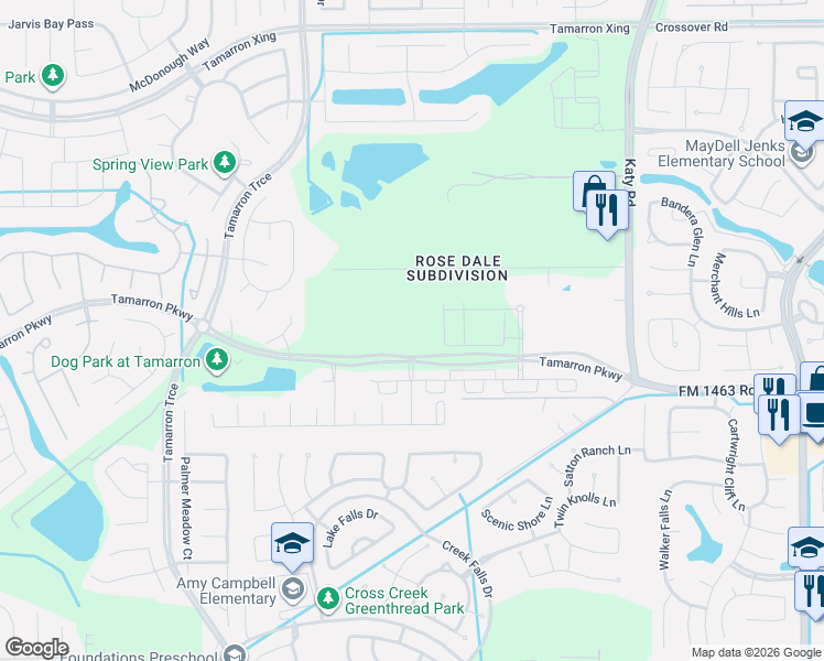 map of restaurants, bars, coffee shops, grocery stores, and more near Tamarron Parkway in Katy