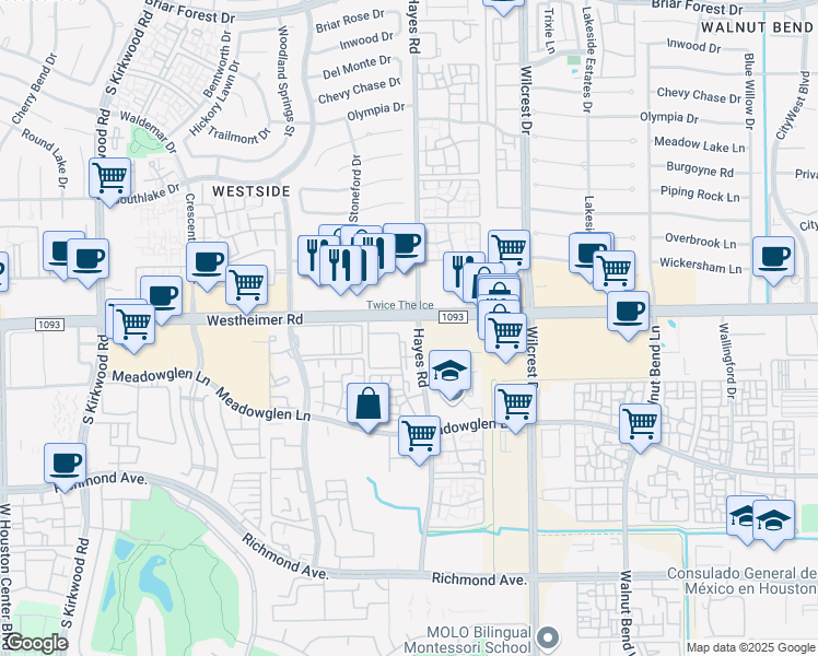 map of restaurants, bars, coffee shops, grocery stores, and more near 11407-11599 Westheimer Road in Houston