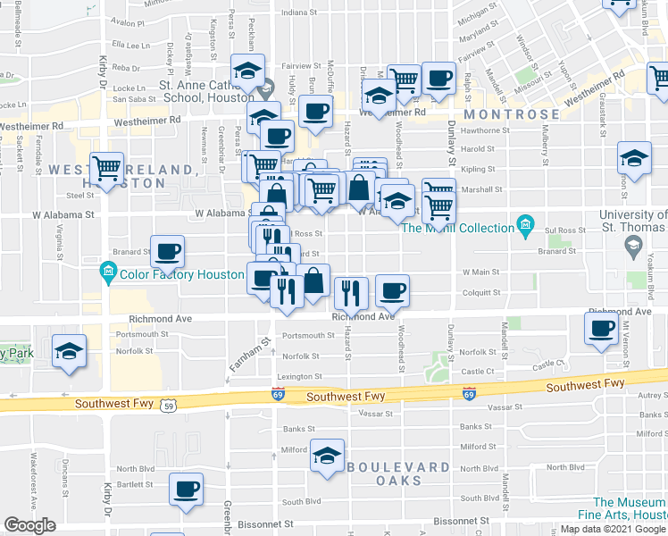 map of restaurants, bars, coffee shops, grocery stores, and more near 1916 West Main Street in Houston