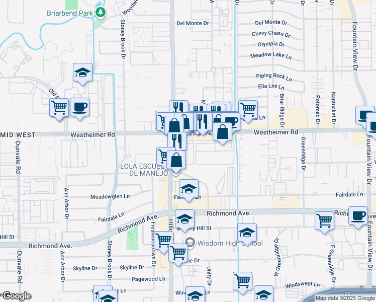 map of restaurants, bars, coffee shops, grocery stores, and more near 6505 Westheimer Road in Houston