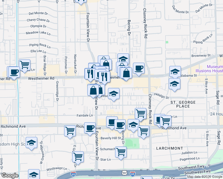 map of restaurants, bars, coffee shops, grocery stores, and more near 5902 Winsome Lane in Houston