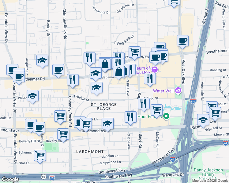 map of restaurants, bars, coffee shops, grocery stores, and more near 5336 Val Verde Street in Houston