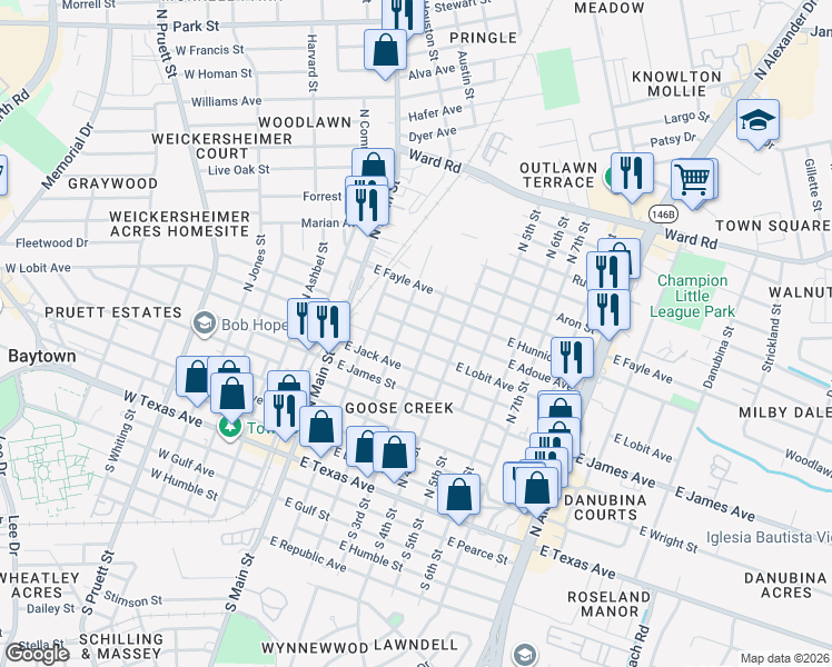 map of restaurants, bars, coffee shops, grocery stores, and more near 202 East Lobit Street in Baytown