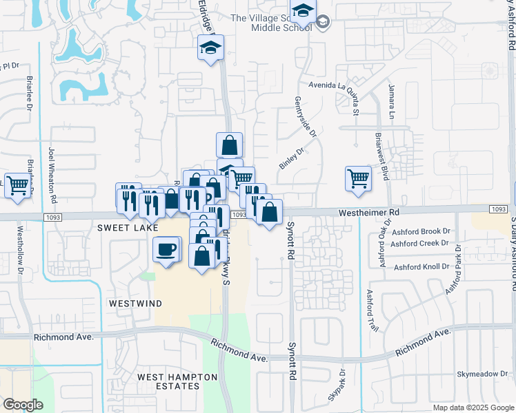 map of restaurants, bars, coffee shops, grocery stores, and more near 13117 Westheimer Road in Houston