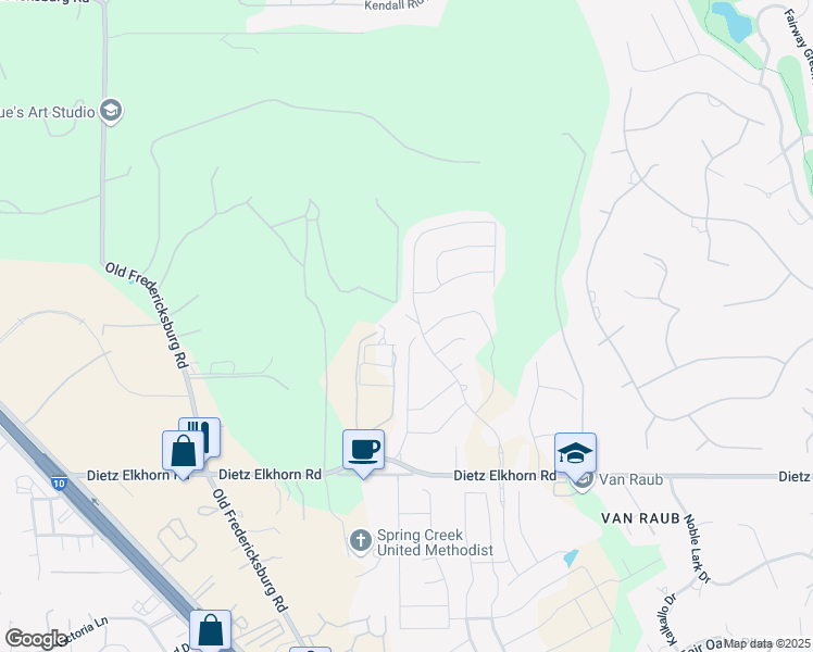 map of restaurants, bars, coffee shops, grocery stores, and more near 29605 Elkhorn Ridge in Boerne