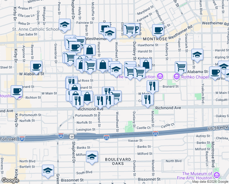map of restaurants, bars, coffee shops, grocery stores, and more near 1800 West Main Street in Houston
