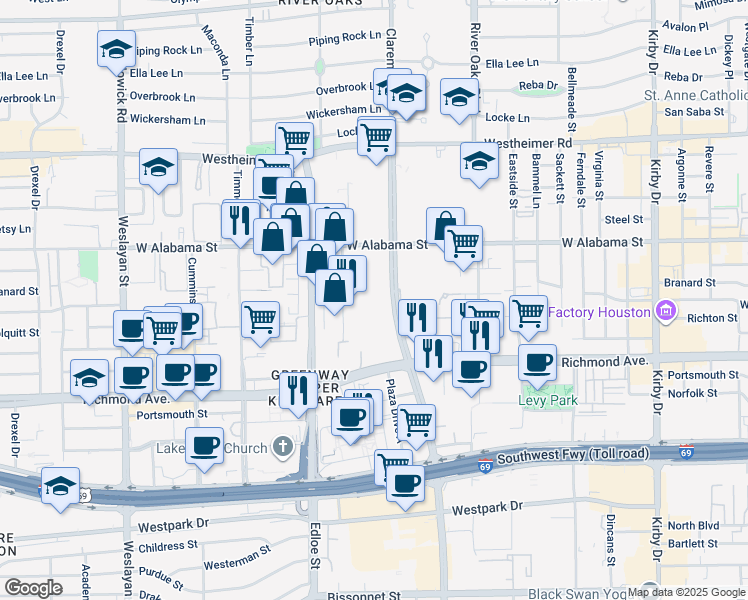 map of restaurants, bars, coffee shops, grocery stores, and more near 3315 Mercer Street in Houston