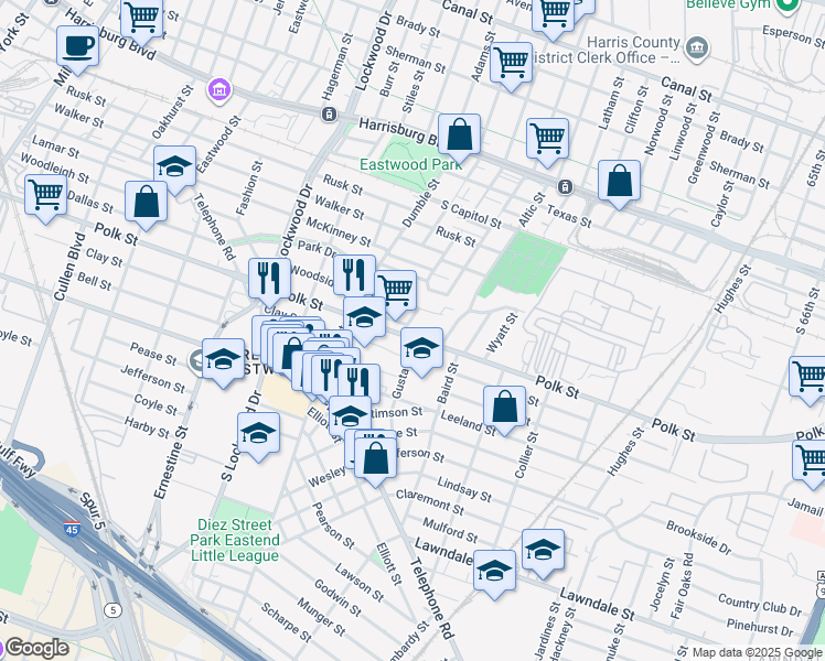 map of restaurants, bars, coffee shops, grocery stores, and more near in Houston