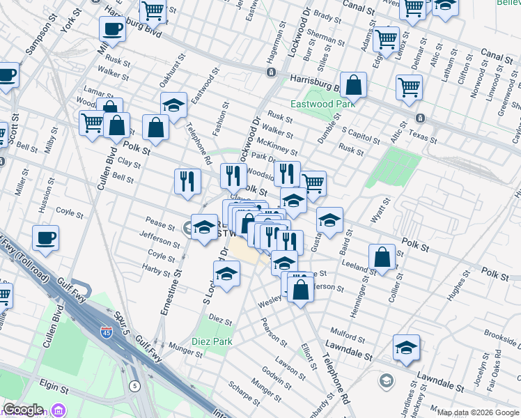 map of restaurants, bars, coffee shops, grocery stores, and more near 4726 Clay Street in Houston