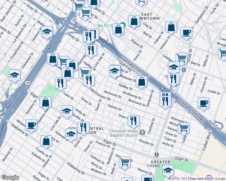 map of restaurants, bars, coffee shops, grocery stores, and more near 2409 Brailsfort Street in Houston